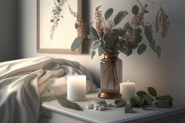 Burning candles and eucalyptus in vase in white bedroom