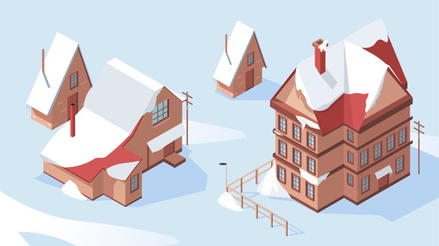 Winter houses and country cottage with roof covered with white snow. Snowy season in Alps ski resort village. Facade from red brick. Holidays weekend hotel December and January. Vector illustration