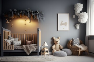 Scandinavian style cozy nursery background with mock up of a wall