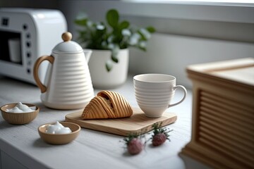 Fototapeta premium Tea and croissants in a modern kitchen; a cozy setting. The daily rituals of the morning. Ideas for homemade baked goods. On the backdrop, modern white furniture and greenery. Generative AI