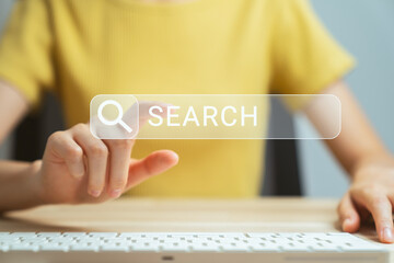 Woman hand touching on search browsing internet data information with type a message on the keyboard, Technology networking concept.