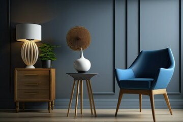 Wooden accent table, blue armchair, and grey walls. Generative AI