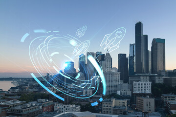 Seattle aerial skyline panorama of downtown skyscrapers at sunset, Washington USA. Startup company, launch project to seek and develop scalable business model, hologram