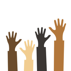 The group raised human arms and hands. Diversity multiethnic people. Racial equality. Men and women of different cultures and peoples. harmony of coexistence. Multicultural Community Integration
