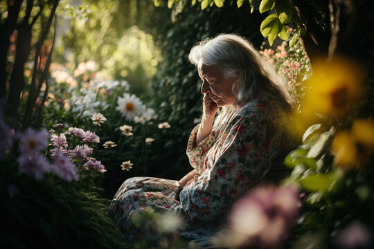old woman sitting in a peaceful garden surrounded by blooming flowers and trees, with eyes closed and hand placed on  forehead, as if connecting the energy of nature and psychic waves it generates. Ai