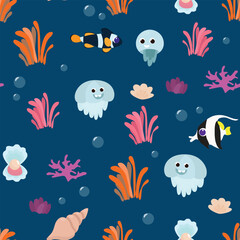 Seamless pattern tropical fish and jellyfish swim underwater near the algae. Pattern for textiles in cartoon style.