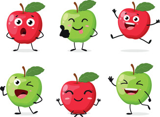 Cute red and green apple cartoon characters 