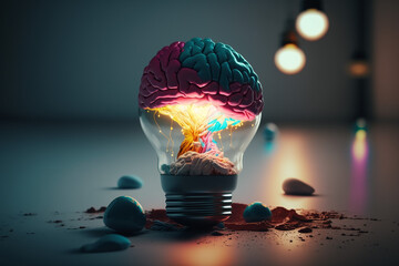 Creative Idea with Brain and Light Bulb Illustration. Created with Generative AI technology