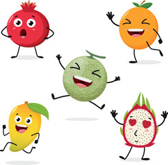 Cute cantaloupe, orange, mango, dragon fruit, pomegranate fruits cartoon characters