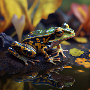 A painting of a frog that has a blue and yellow body and has a yellow spot on its belly. Generative ai