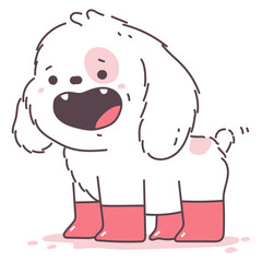 Cute dog in boots vector cartoon character isolated on a white background.