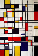 A painting of a colorful abstract painting with a white background and red squares Generative ai