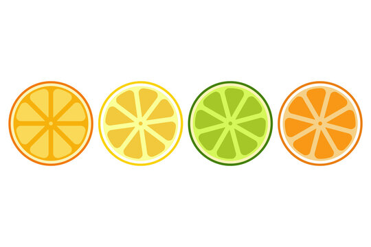 Citrus fruit slice vector cartoon set of lemon, lime, orange and tangerine isolated on a white background.