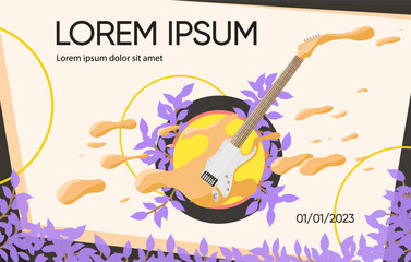 Music festival poster with musical instrument. Original design for promotion and invitation. Electric guitar melted concept banner. Template design for flyer in new creative style. Vector illustration