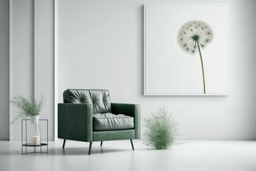 Room interior with green recliner, dandelion, and plant, with grey wall art and copy space. Generative AI