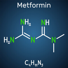 Metformin molecule. It is biguanide antihyperglycemic agent  used in management of type II diabetes. Structural chemical formula on the dark blue background.