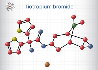 Tiotropium bromide molecule. Antimuscarinic bronchodilator used in the tratement of chronic obstructive pulmonary disease COPD. Structural chemical formula, molecule model. Sheet of paper in a cage