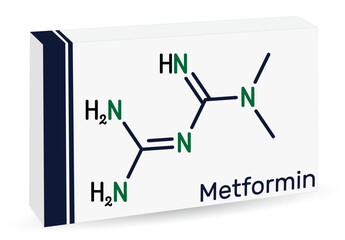 Metformin molecule. It is biguanide antihyperglycemic agent  used in management of type II diabetes. Skeletal chemical formula. Paper packaging for drugs