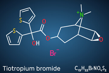 Tiotropium bromide molecule. Antimuscarinic bronchodilator used in the tratement of chronic obstructive pulmonary disease COPD, asthma. Structural chemical formula on the dark blue background.