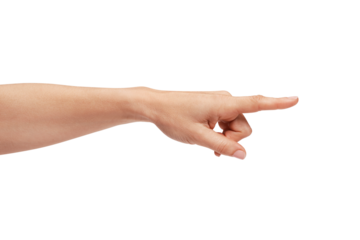Woman's hand pointing to the right with the index finger.