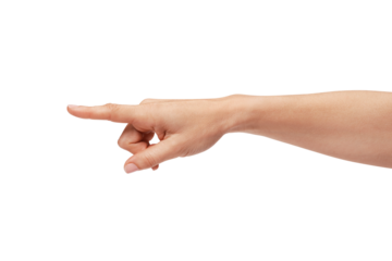Woman's hand pointing to the left with the index finger.