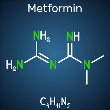 Metformin molecule. It is biguanide antihyperglycemic agent  used in management of type II diabetes. Structural chemical formula on the dark blue background.