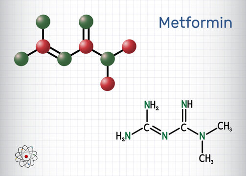 Metformin molecule. It is biguanide antihyperglycemic agent  used in management of type II diabetes. Structural chemical formula, molecule model. Sheet of paper in a cage.