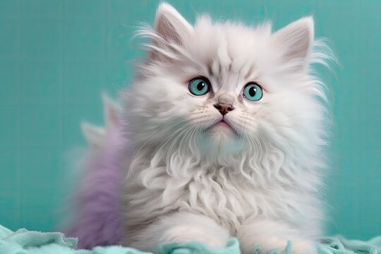 A two month old purebred female lilac kitten with a fluffy coat and a pretty muzzle poses in front of a turquoise background while giving the camera a wise look. Generative AI