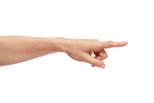 Woman's hand pointing to the right with the index finger.