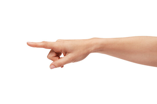 Woman's hand pointing to the left with the index finger.