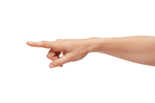 Woman's hand pointing to the left with the index finger.