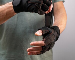 Wearing sport glove for protecting arms, wrists during workout