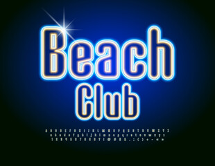 Fototapeta na wymiar Vector glowing Sign Beach Club. Bright Neon Font. Modern Electric Alphabet Letters and Numbers set.