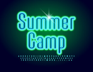 Vector neon Poster Summer Camp. Bright Artistic Font. Modern creative Alphabet Letters, Numbers and Symbols set