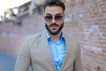 portrait of sexy bearded guy wearing sunglasses and posing