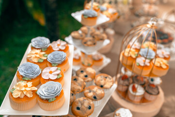 Tea party At The Garden, Beautiful English Afternoon Breakfast Ceremony with Desserts and Snacks, desserts various set, Placed in a cute white dish and the flower petals around. Relax and happy
