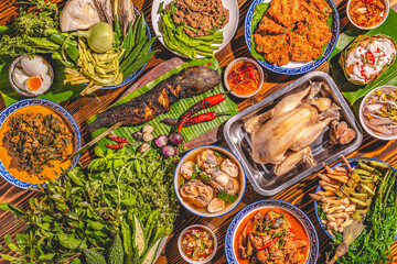 Thai local culture traditional food cookery concept, delicious Siam lunch or dinner meal with fresh...