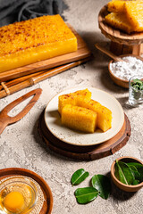 Bika ambon or golden cake or golden kuih bingka in Singapore, is an Indonesian dessert, made from ingredients such as tapioca flour, eggs, sugar, yeast and coconut milk.