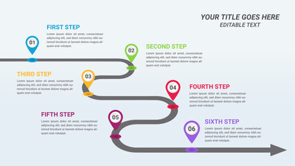 Editable Curve Road Map Infographic Template and Business Icon with Five Steps. Infographic with Road and Location Pin 5 Step Points for Presentations, Finance Reports, Web Design, and Yearly Reports.