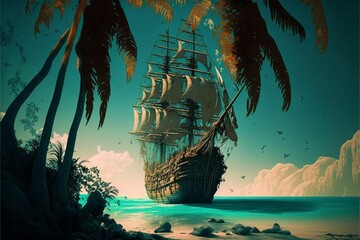 Fototapeta premium Ocean, Palm, Ship design. AI Generated