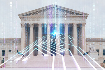 Front view of United States Supreme Court building at day time, Washington DC, USA. Judicial...