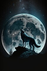 Wolf and big moon. AI Generated
