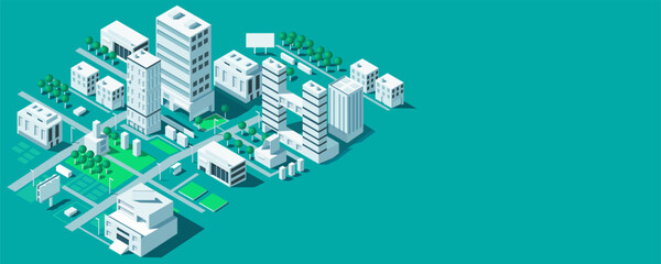 Isometric city map with buildings. Business office and commercial towers in 3d cityscape. City development concept for web design. Urban architecture and design of street elements. Vector illustration - obrazy, fototapety, plakaty