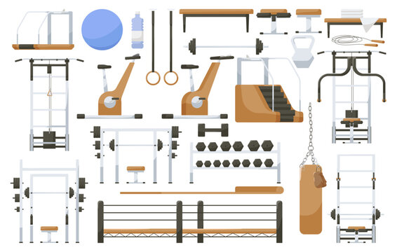 Set of various gym equipment and machines for body workout and exercises with weights. Fitness club devices: Treadmill, bench barbell, dumbbell, stepper, cardio bicycle, punch bag. Vector illustration