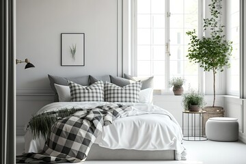 Home interior wall mock up with unmade bed, plaid, cushions and plant in white bedroom. Free space on left. 3D rendering