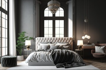 Luxury bedroom interior with minimal decor, loft style, 3d render