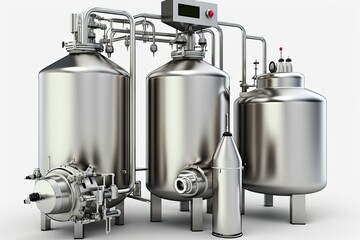 Milk pasteurization tanks and piping in a dairy industry. Generative AI