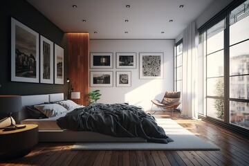 Modern bedroom with hardwood floor and ceiling