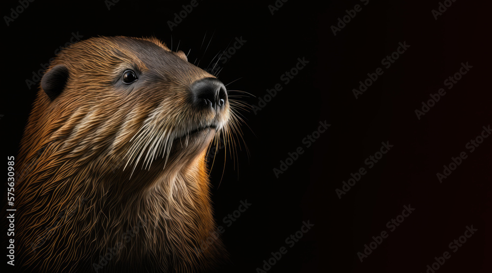 Wall mural portrait of a bever, photo studio set up with key light, isolated with black background and copy spa