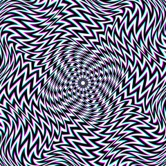 Optical art background of white black and cyan magenta distorted stripes. Psychedelic warped round ornament design.